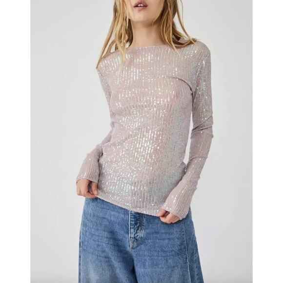 Intimately Free People NWT Gold Rush Blush Pink Long Sleeve Sequin Top Large - Picture 1 of 9